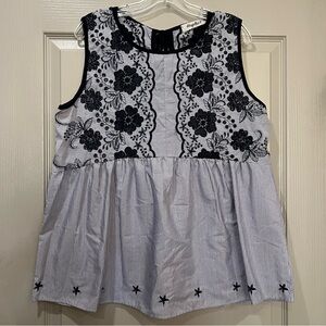 Haptics Large Navy Blue White Floral Embroidered Tank Top Blouse O1